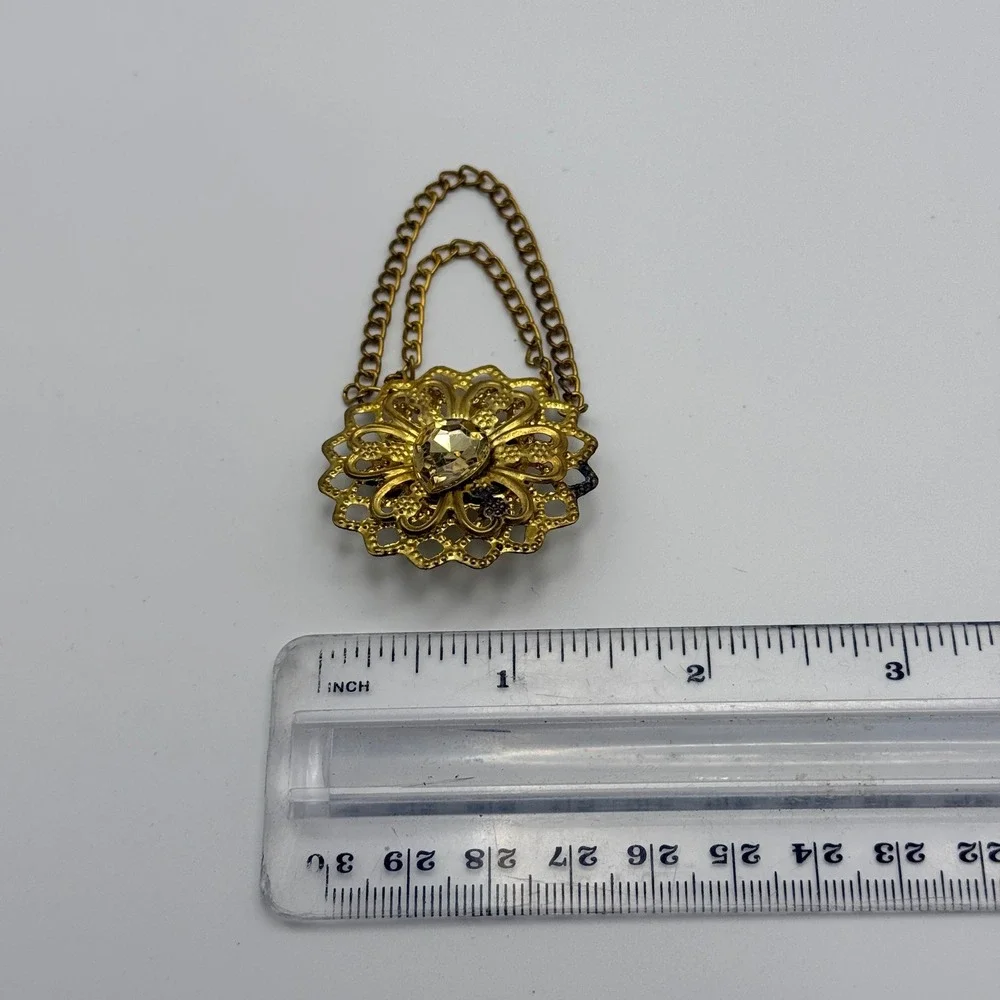 Vintage Gold Tone Sweater Guard Cardigan Clip Filigree Rhinestone Double Chain